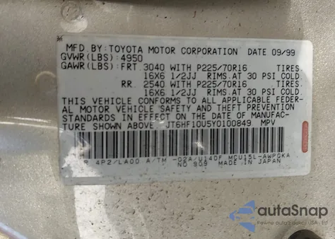 2000 Lexus Rx 300 from USA, damaged, VIN JT6HF10U5Y0100849